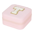 Pink portable travel jewelry box with textured PU leather and plush letter T patch - Letter T (No Mirror) (FS61) / 10x10x5cm