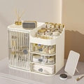 Organizzatore per trucchi beige crema con cassetti trasparenti e maniglie in argento - Con Specchio da Trucco / Bianco Trasparente