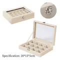 Beige velvet jewelry box with 15 compartments, transparent glass lid, and silver lock - 12 Grids / Beige