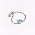 Detail of adjustable silver chain ring with round light blue zircon and heart charm - White Gold (Light Blue Stone) (White Gold 5)