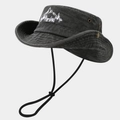 Detail view of washed cotton outdoor hat featuring mountain embroidery and metal eyelets - M (56-58cm) / Black