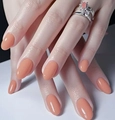 Primer plano de uñas postizas almendra color melocotón brillante con anillo de flor - Estilo Textura Gelatina Brillante Albaricoque Cálido (CW535) / 24 Piezas/Juego