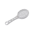 Detailed view of silver tennis racket pendant featuring sparkling rhinestones and bail - VD1543 Platinum (Tennis Racket)
