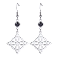 Silver stainless steel Celtic witch knot earrings with faceted black gemstone inlays - Steel