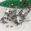 Detail of 5-piece silver bird ornaments with pine cones and check wings for Christmas trees - Set 22 (5Pcs Plaid Wing Feather Birds)