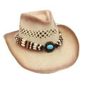 Dettaglio cappello cowboy in paglia con perline etniche e decorazione in pietra turchese - Stile Fascia con Perline Turchesi (CM0174) / Cachi (con bordo scuro invecchiato)