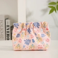 Pink canvas drawstring bag with colorful plant leaf print for lipsticks and small items - Drawstring Style / Pink Maple Leaf