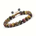 Handmade woven bracelet featuring tiger eye beads in olive green and dark brown tones - Dreamy Tiger Eye Brown