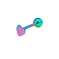 Rainbow heart-shaped stainless steel barbell tongue ring with metallic finish - Colorful