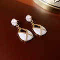 Vintage gold-rimmed earrings with white enamel cross and pear-shaped cutout design - White Enamel Geometric Studs