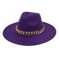 Detail of dark purple wide brim fedora hat featuring a chunky gold acrylic chain decoration - Adult (57-60cm) / Purple