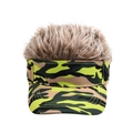 Detail of creative camouflage baseball cap with synthetic light brown wig on top - Brown Wig Green Camo