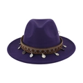Close-up of a purple wool felt fedora hat featuring an ethnic woven band with coin charms - 58cm / Purple