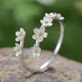 S925 Sterling Silver forget-me-not flower open ring with gold floral pistil for women - Tri-color (Gold/Silver/Rose Gold)
