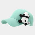 Close-up of mint green cotton baseball cap with a cute plush panda on the side - Teal