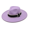 Close-up of light purple wool fedora with black ribbon and white pearl bead trim - M (56-58cm) / Taro Purple