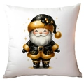 Detailed view of white Christmas pillow cover with black and gold Santa Claus print - Black Suit Santa B