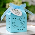 Light blue elephant cutout candy box with ribbon and thank you tag for baby showers - Tiffany Blue