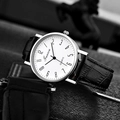 Detailed close-up of Ganova quartz watch with white dial and black leather strap - White Dial Black Strap with Numerals