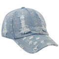 Close-up of light blue denim baseball cap featuring vintage distressed holes and frayed edges - One Size / Light Blue