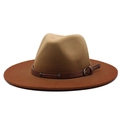 Retro two-tone wool felt fedora hat with wide brim and decorative leather band with buckle - M (56-58cm) / Caramel (Bicolor Brown)