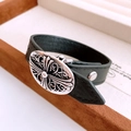 Vintage punk black leather bracelet with silver cross engraved oval metal buckle charm - Retro Cross Metal Buckle Leather Bracelet (68#)