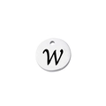 Close-up of polished stainless steel round tag pendant with laser engraved letter W - Letter W