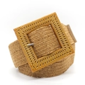 Women's straw-style elastic belt in khaki with a textured square resin buckle - Camel with Square Buckle
