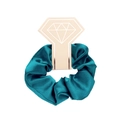 Elegant emerald green satin scrunchie on a diamond-shaped card for hair styling - With Card / Teal