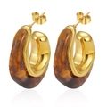 Fashionable gold-tone stainless steel resin hoop earrings with brown amber marble texture - No. 3 Brown