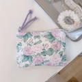 Macro detail of floral cotton coin purse with purple roses and woven zip pulls - Light Purple Rose