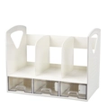 White desk bookshelf with 3 open slots and 3 grey drawers for desktop organization - Off White