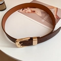 Dark brown pebble leather belt with a polished gold metal buckle and matching loop - 52# Waist Chain - Brown