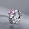 Irregular silver ring with heart-shaped pink zircon and twisted texture band - Large Pink Heart Twisted Texture (JZ0126)