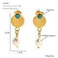 Detailed view of 18k gold plated stainless steel earrings with turquoise and pearls - Fan Shaped Texture Style (S-E453)