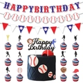 Detailed baseball party set with happy birthday banner and various sports cake toppers - Birthday Banner Toppers and Garland Set