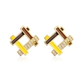 Detail of 18K gold-plated geometric square earrings with enamel inlay and zircon accents - Geometric Square Yellow Brown Enamel / Tan