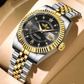 Elegant men's watch with gold-silver steel band and black dial featuring Roman numerals - Two-tone Gold & Silver with Black Dial (EU Standard Butterfly Buckle)