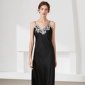 Elegant black faux silk slip nightdress featuring intricate white lace V-neck details - M / Black