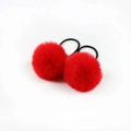 Pair of bright red faux fur pom-pom hair ties with high-elastic black rubber bands - Red