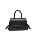 Minimalist black leather crossbody bag with top handle and adjustable strap on white background - Black