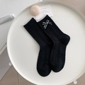 Japanese style black cotton crew socks with plaid bow and white lace trim detail - One Size / Solid Black