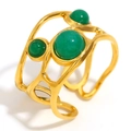 18K vergoldeter Edelstahlring, offenes Design mit drei unregelmäßigen grünen Edelsteinen - Dunkelgrüner Edelstein Offener Ring (Gold)