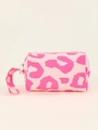 Detalle de neceser de lona con estampado de leopardo rosa, cremallera y asa lateral - Estampado de Leopardo Rosa Portátil