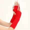 Vibrant red ribbed knit arm warmer with fingerless design and elbow-length coverage - Red