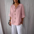 Women's pink linen V-neck shirt featuring large single-breasted buttons and three-quarter sleeves - 3XL / Pink (4 Buttons)