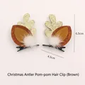 Fermagli natalizi a corna di renna marroni con pompon bianchi e paillettes dorate - Corna di Natale con Sfera di Peluche (Caffè)