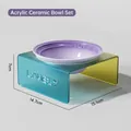 Lavender ceramic cat bowl with gradient blue to yellow acrylic stand and Lovely text - Purple Deep Bowl + Yellow to Blue Gradient Stand