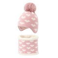 Pink heart knit baby hat and scarf set with fleece lining and faux fur pompom - Pink