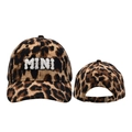 Detailed front and back view of leopard print baseball cap with MINI plush embroidery - Corduroy / MINI-Brown Leopard